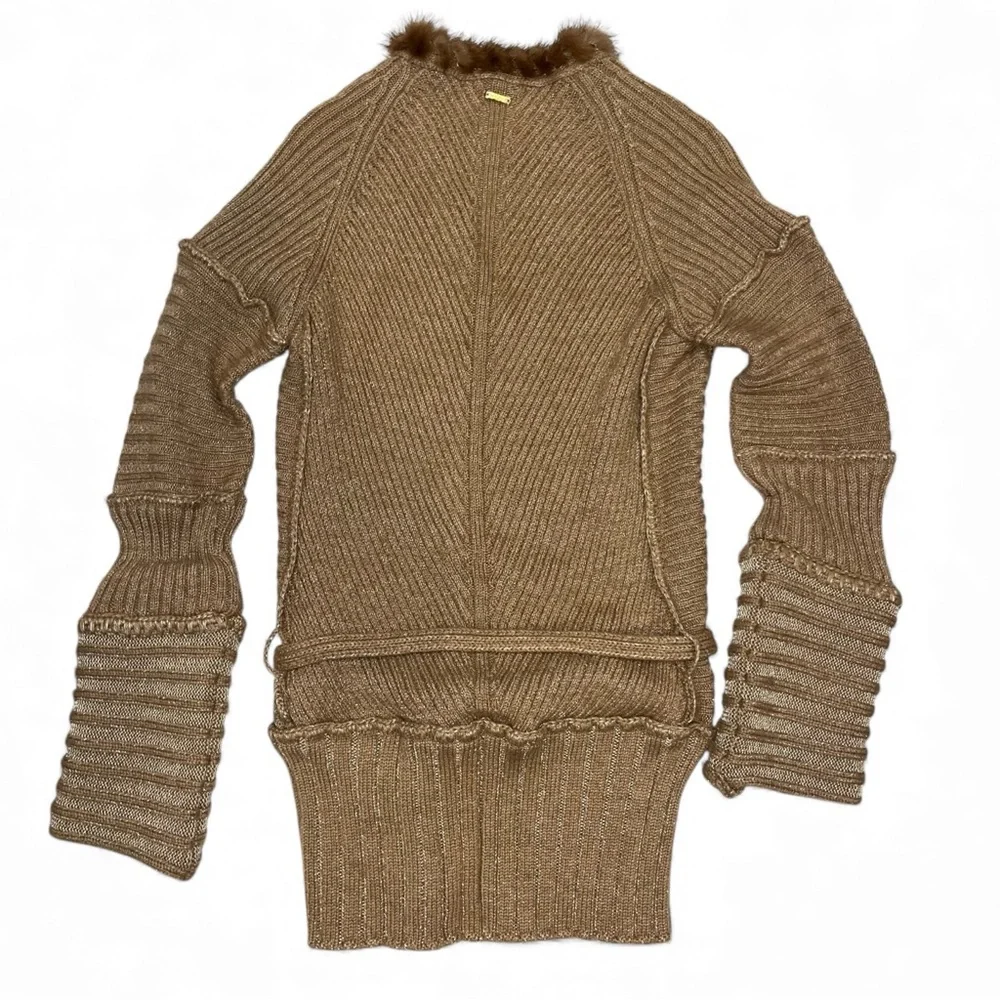 Roberto Cavalli Tan Sweater Camel Hair Belted Medallion V Neck 6 VTG Vintage 🟡